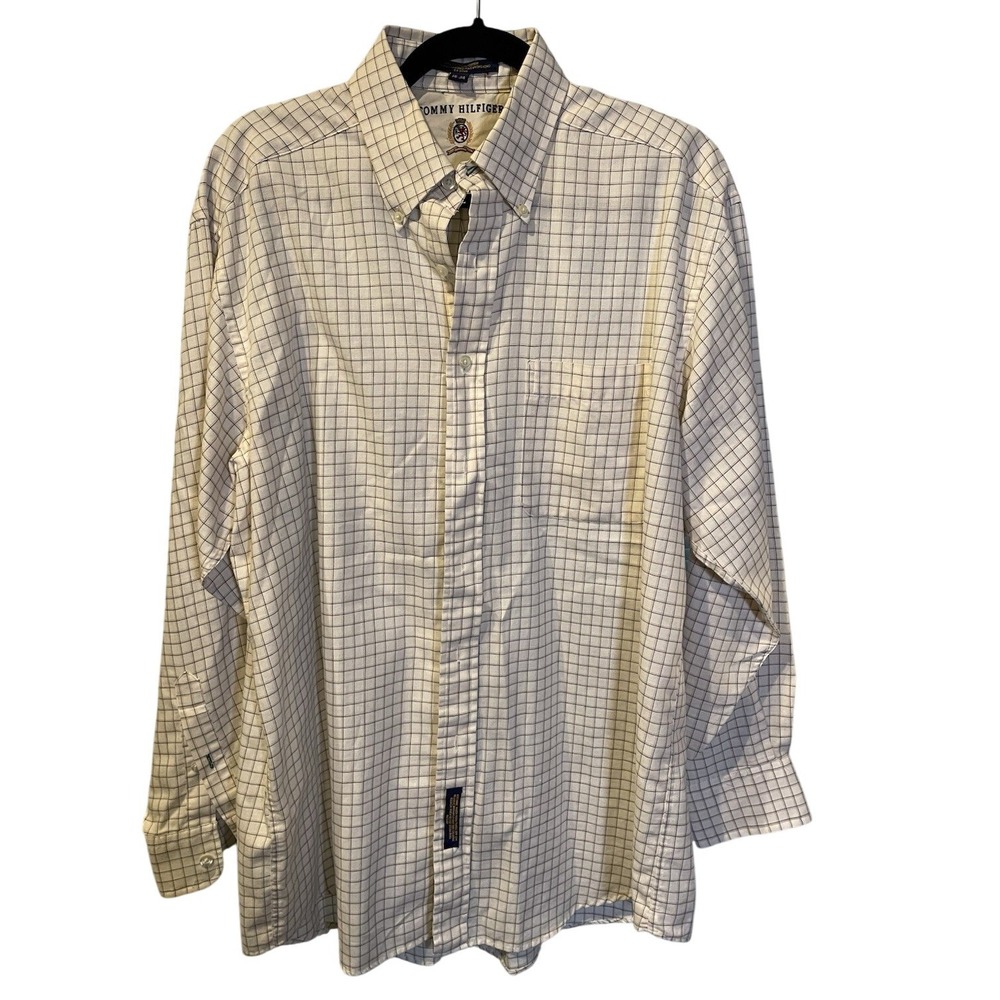 Tommy Hilfiger Mens Button Down Shirt 16-34 White Blue Tan Check Cotton Crest